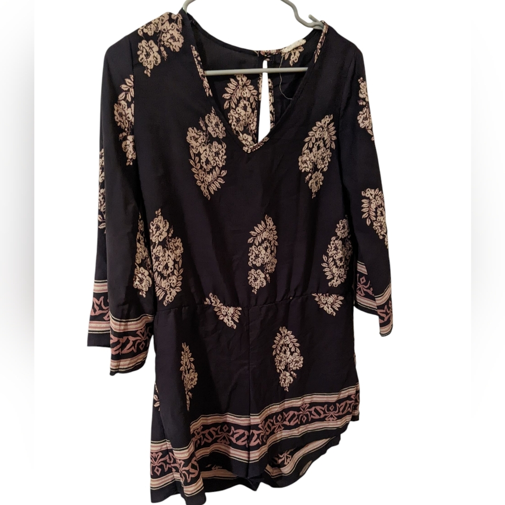 Black Romper Floral Stripe Boho 3/4 Sleeve Keyhole Back